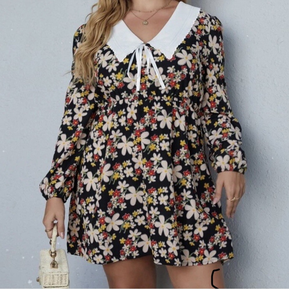 Floral Vintage Vibe Long Sleeve Dress with White Collar, 0XL = 16, plus size